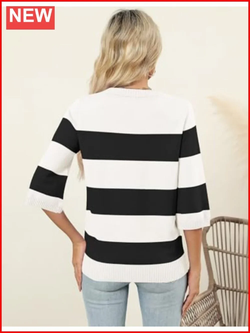 Womens Sweater 3/4 Sleeve Crew Neck Striped Lightweight Knit Pullover